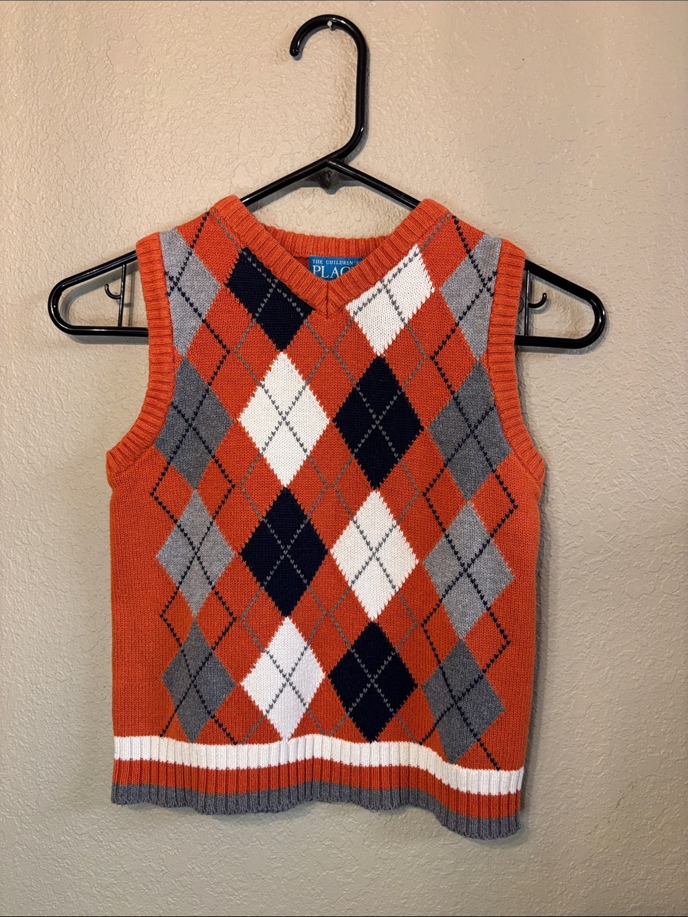 Children’s Place Sweater Boys Orange Argyle Sweater Vest Casual Preppy Small 5/6